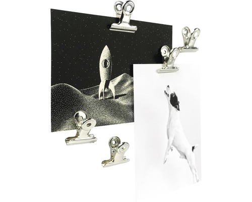 Mehrere Büroklammern befestigen Fotos an einer Oberfläche