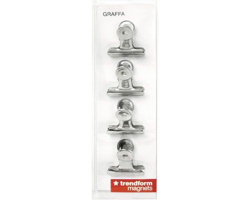 Vier magnetische Klammern aus Metall in einer Verpackung