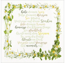 Dekoratives Poster mit einem Rahmen aus Blumen und einem Spruch.