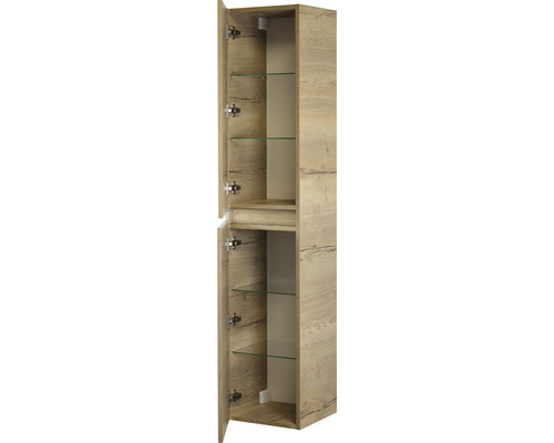 Hochschrank mit Glasböden im offenen Zustand