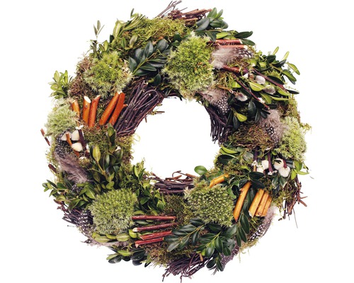 Ostermixkranz mit Perlhuhnfedern und Polstermoos Ø 30 cm Dekorativer Kranz mit Moos, Ästen, Federn und Grünpflanzen