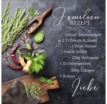 Abbildung eines Familienrezepts mit Zutaten wie Basilikum und Rosmarin.