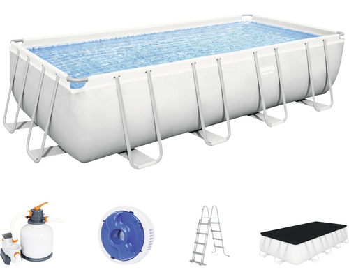 Aufstellpool Framepool-Set Bestway Power Steel™ eckig 549 x 274 x 122 cm inkl. Sandfilteranlage,ChemConnect Chemikaliendosierer, Leiter & Abdeckplane grau