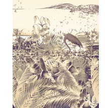 Illustration einer tropischen Szene mit Flamingo, Pflanzen und Unterwasserelementen