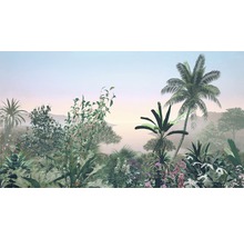 Illustration einer tropischen Landschaft mit verschiedenen Pflanzen und Bäumen