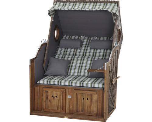 Strandkorb mit Stauraum unter der Sitzfläche, geflochtenem Korb, verstellbarem Oberteil, gepolsterter Sitzfläche und Kissen