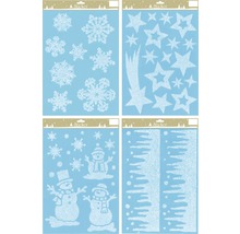 Verschiedene Aufkleberbögen mit Wintermotiven wie Schneeflocken, Sterne und Schneemänner