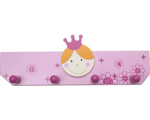 Kinder-Garderobenleiste Prinzessin 4 Haken Holz rosa/pink LxBxH 350/123/63 mm Garderobe mit Prinzessinnenmotiv und vier Haken