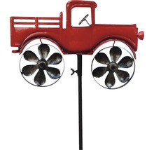 Windspiel in Form eines roten Trucks mit Windrädern als Reifen für den Garten.
