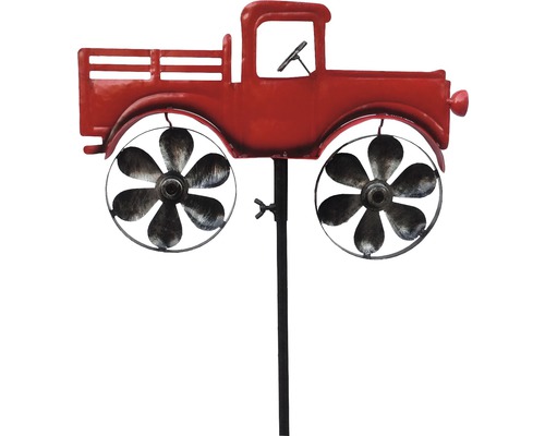 Windspiel in Form eines roten Trucks mit Windrädern als Reifen für den Garten.