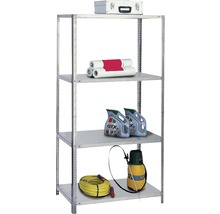 Viergeschossiges Metallregal mit Werkzeugkoffer, Papierrollen, Motoröl, Gartenschlauch und Sprühgerät