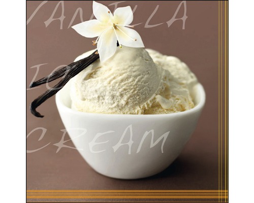 Vanilleeis in einer weißen Schale mit Vanilleschote und Blüte