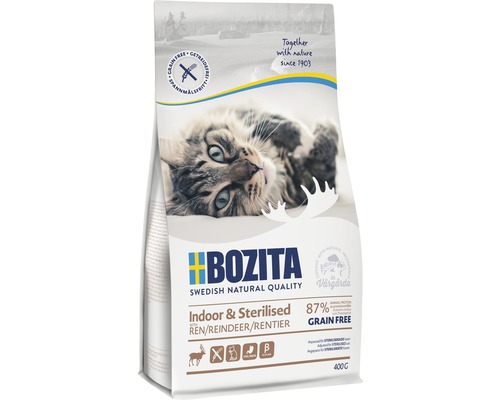 Katzenfutter trocken BOZITA Indoor & Sterilised Grain free mit Rentier 400 g getreidefrei Bozita Katzentrockenfutter für Wohnungskatzen und sterilisierte Katzen mit Rentiergeschmack in einer 400-Gramm-Packung