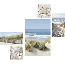 Collage mit Strandmotiven, darunter Dünen, Meer und Muscheln