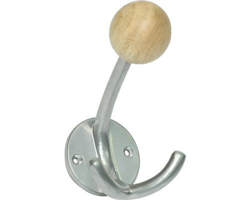 Garderobenhaken 2 Haken Alu/Holz verchromt/buche/matt ØxLxBxH 59/130/80/125 mm Kleiderhaken aus Metall mit Holzkugel
