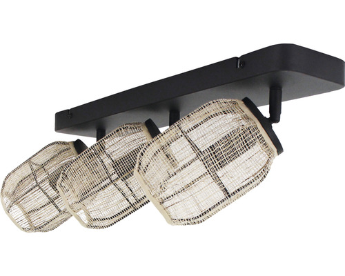 Deckenleuchte mit drei Strahlern und Lampenschirmen aus Naturfasern