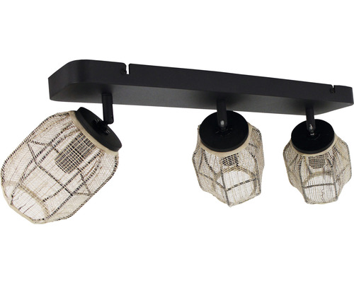 Deckenleuchte mit drei Strahlern und Lampenschirmen aus Korbgeflecht