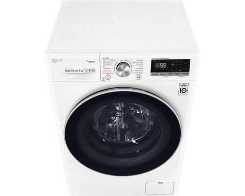 Weiße LG Waschmaschine mit 9 Kilogramm Fassungsvermögen, Direct Drive und Bedienfeld oben