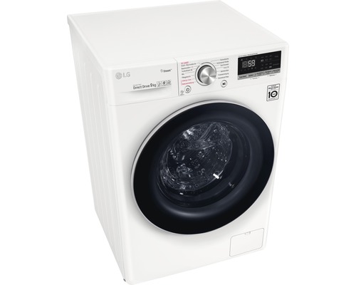Weiße LG Waschmaschine mit Direct Drive und 9 kg Fassungsvermögen von oben.