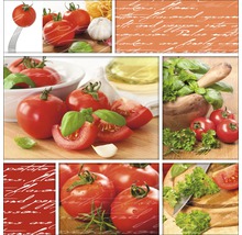 Collage mit verschiedenen Ansichten von Tomaten, Knoblauch und Kräutern