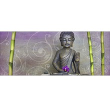 Dekoratives Stillleben mit einer Buddha Statue, Bambus und einer Orchidee