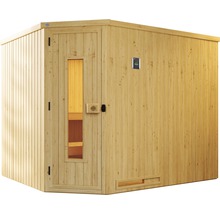 Elementsauna Weka Varberg Eck HT inkl. 7,5 kW Bio Ofen u.digitaler Steuerung ohne Fenster mit Holztüre mit Isolierglas wärmegedämmt
