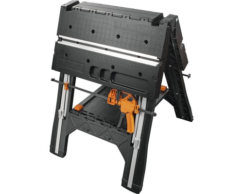 Zusammenklappbare schwarze Werkbank mit orangefarbener Klemme