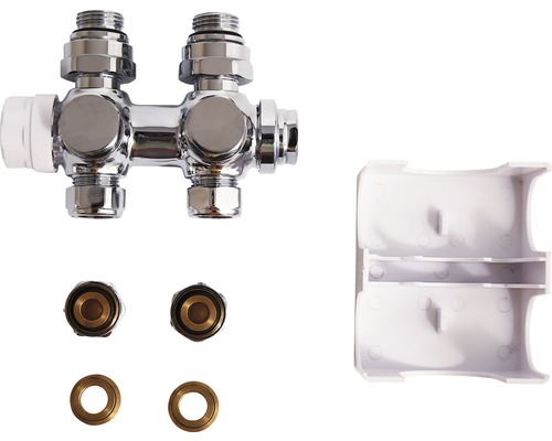 Heizkörperanschlussgarnitur mit Ventilkörper, Anschlussverschraubungen und Rosetten