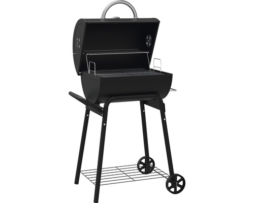 Schwarzer Holzkohlegrill mit Deckel und Rädern