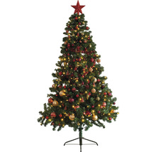 Geschmückter Weihnachtsbaum mit Baumspitze und Beleuchtung