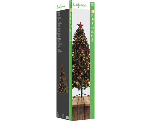 Verpackung eines künstlichen Weihnachtsbaums von Lafiora mit Baumschmuck und Baumspitze