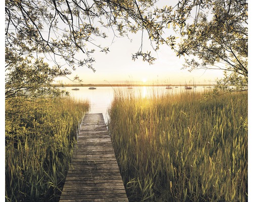 Fototapete Vlies SH077-VD3 Stefan Hefele Ed. 1 Lakeside 3-tlg. 300 x 250 cm Ein Steg führt durch Schilf zum See bei Sonnenuntergang