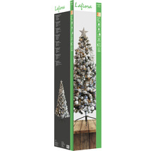 Verpackung eines künstlichen, schneebedeckten Weihnachtsbaums von Lafiora mit Stern, Kugeln und Geschenkboxen