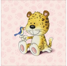 Illustration eines Cartoon-Leoparden mit einem Vogel auf der Hand