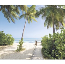 Szene mit Strand, Palmen, Holzsteg und Meer