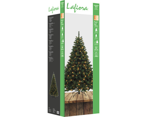 Verpackung eines künstlichen Weihnachtsbaums von Lafiora mit Lichtern und Produktdetails