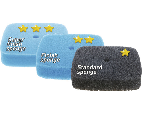 Verschiedene Schwämme: Standardschwamm, Finishschamm, Super-Finishschamm