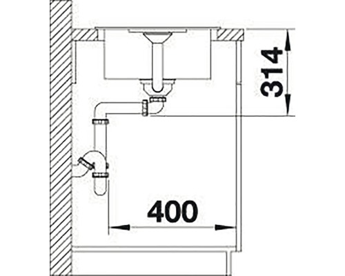 Skizze eines Spültischs mit den Maßen 314 und 400