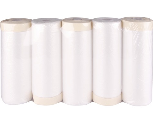 Fünf Rollen Abdeckfolie mit Klebeband in Verpackung