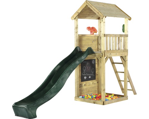 Spielturm plum Holz Aussichtsturm mit Fernglas, Sandkasten, Kreidetafel, Spielzeugtelefon und Rutsche