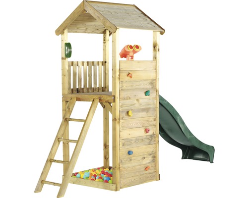Spielturm aus Holz mit Rutsche, Kletterwand und Leiter