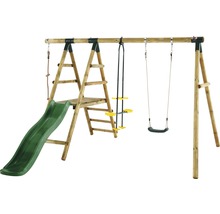 Spielplatzgerät aus Holz mit Rutsche, Strickleiter und Schaukel