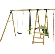 Spielplatz mit Schaukel, Klettergerüst und Rutsche aus Holz