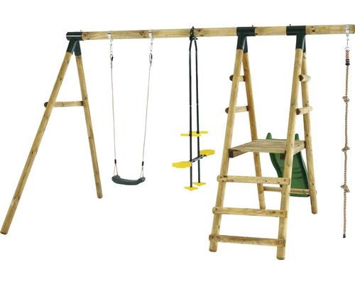 Spielplatz mit Schaukel, Klettergerüst und Rutsche aus Holz
