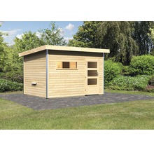 Gartenhaus aus Holz mit Tür und Fenster im Garten