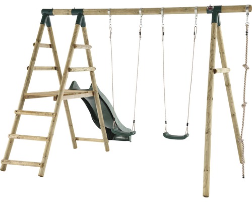 Spielplatz mit Schaukel, Rutsche, Leiter und Kletterseil aus Holz