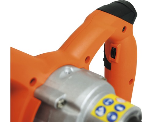 Detailansicht einer Rührmaschine mit orangefarbenem Griff und Schalter