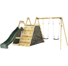 Doppelschaukel plum Holz Pyramide mit Kletternetz, Kletterwand und Rutsche grün