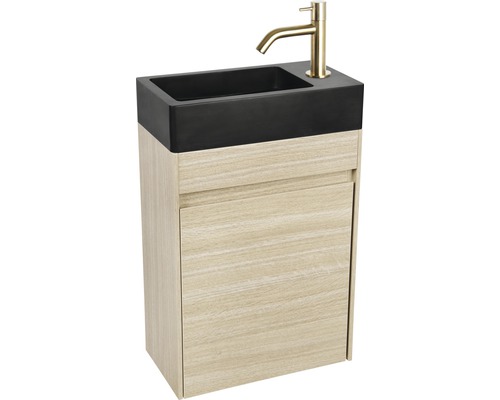 Waschtisch mit Unterschrank, schwarzem Waschbecken und goldener Armatur