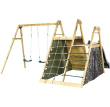 Doppelschaukel plum Holz Pyramide mit Kletternetz, Kletterwand und Rutsche grün